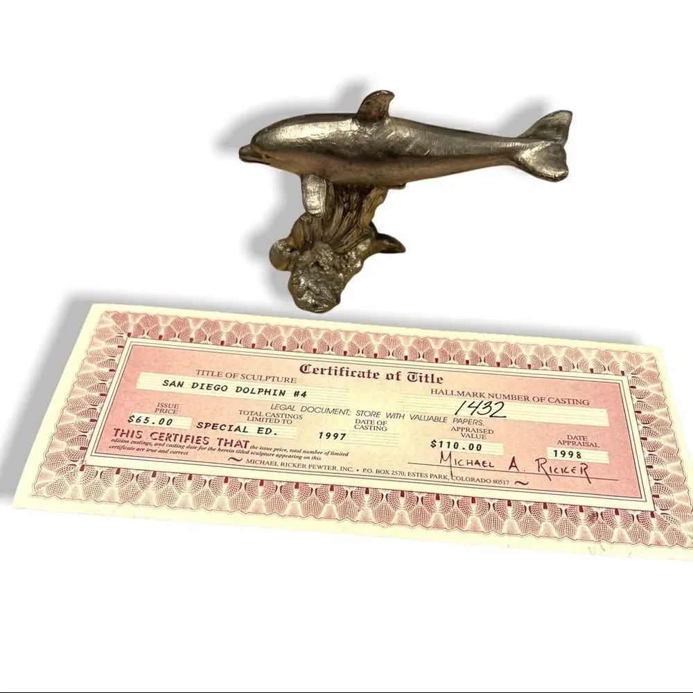 MICHAEL A. RICKER Swimming Dolphins #4 Signed Pewter Figure Ocean | Certified